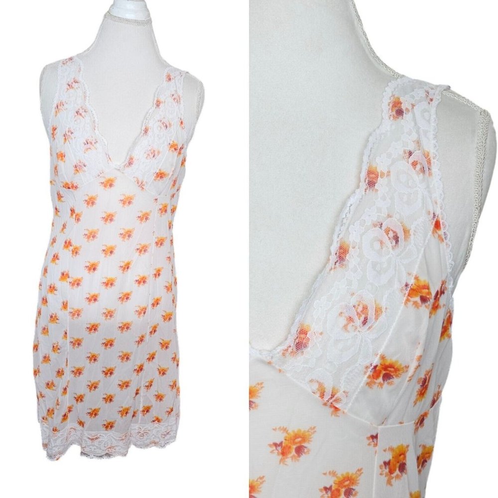 VTG Sheer White Orange Floral Full Slip Sz M Lace Trim Poland 60s 70s Nylon